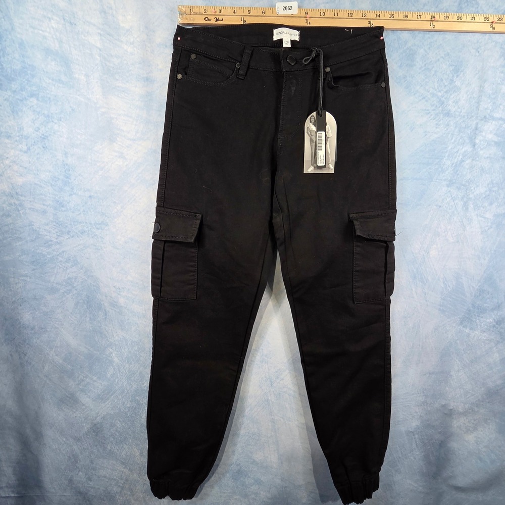 Kendall & Kylie Kali‎ Mid Rise Knit Denim Jogger Jeans Black Cargo Rodeo 7/8 NWT